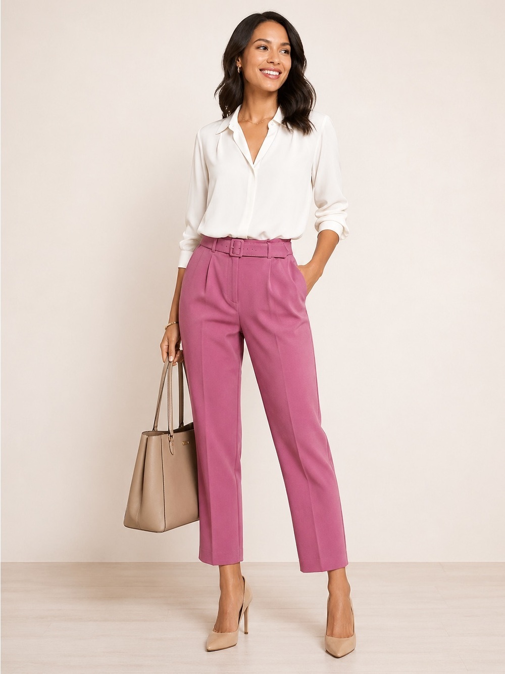 Ann Taylor High-Rise Belted Straight-Leg Pants in Dusty Rose 12P
